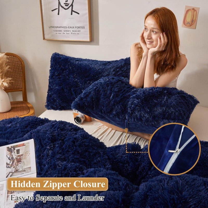 XeGe Faux Fur Throw Pillow Cases, Plush Shaggy Ultra Soft Pillow Covers, Fluffy Crystal Velvet Decorative Pillowcases, Furry Fuzzy Pillow Shams Zipper Closure, Set of 2(Standard, Navy Blue) - Image 3